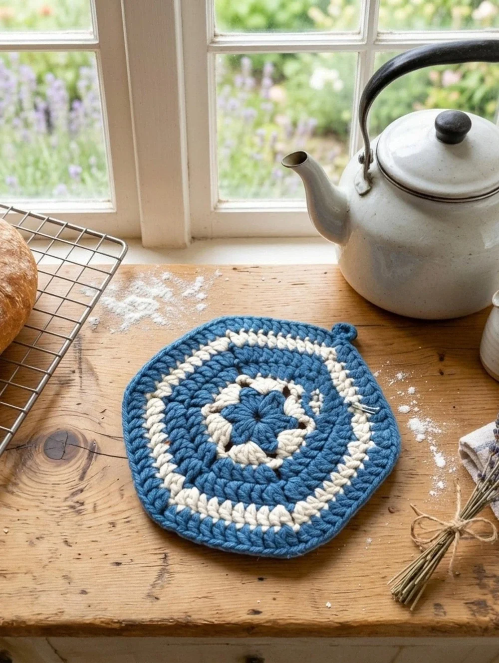 Handmade Trivet Vintage Blue White Crochet Hot Pad, Countertop Saver, Heat